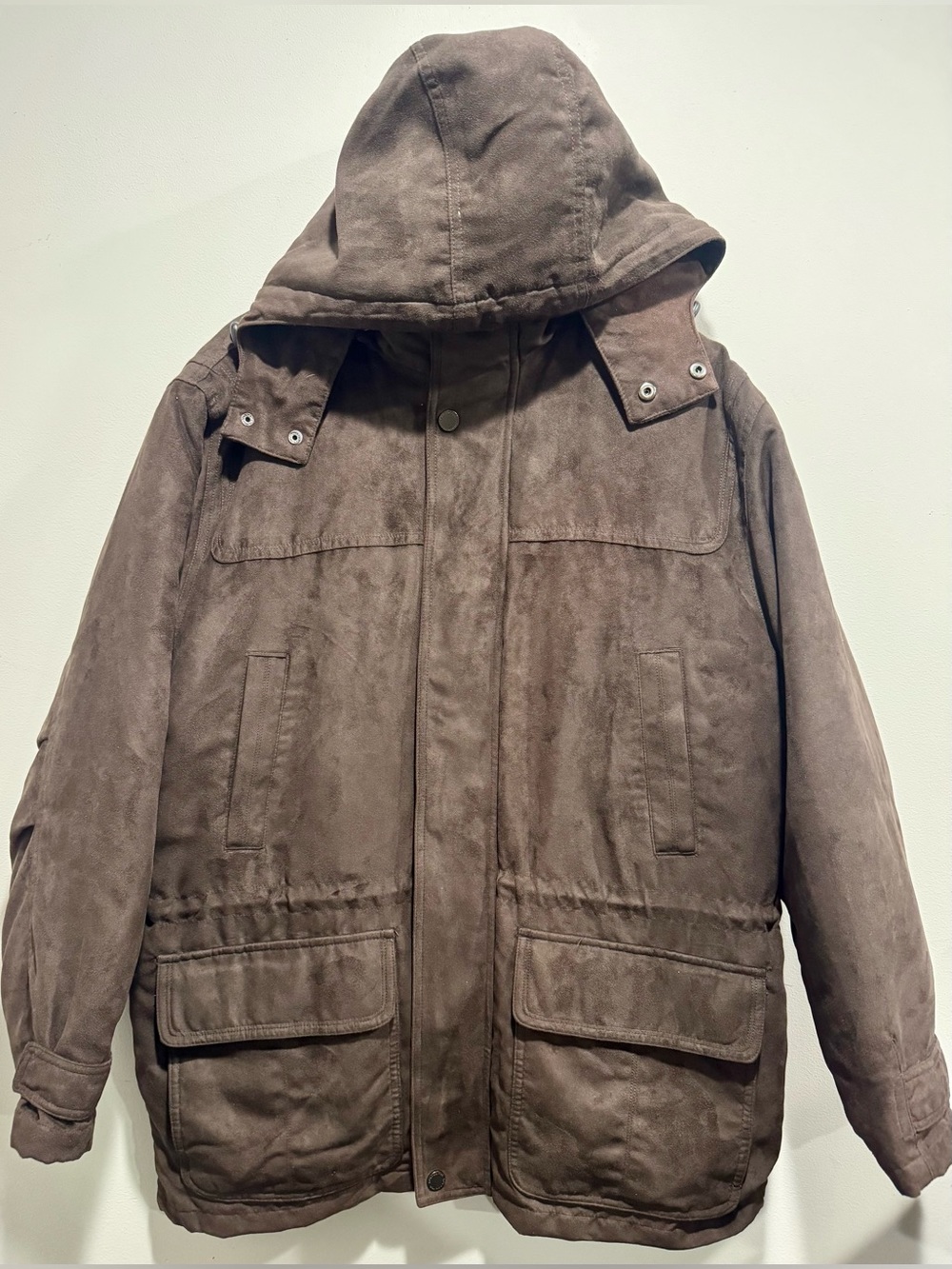 London Fog Faux Suede Hooded Parka Jacket Zip-Out Liner Dark Brown Men Large